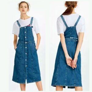 Zara Blue Denim Button-Front Pinafore Midi Dress